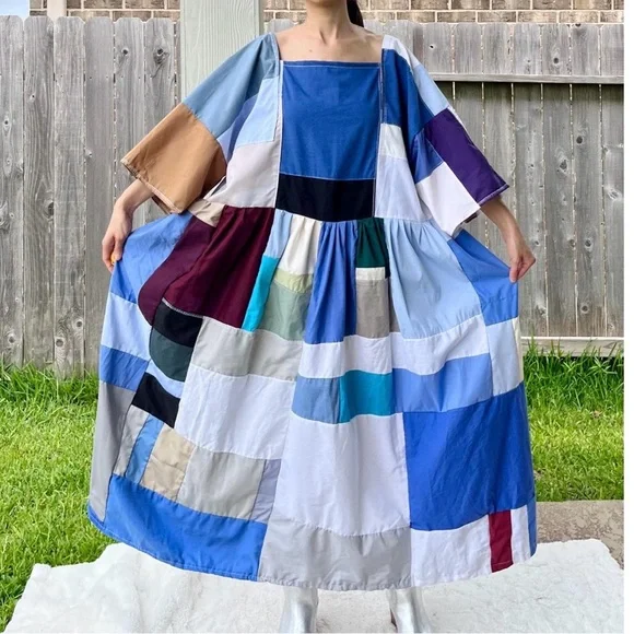 Handmade Quilted Patchwork Colorblock Dress SKU 06046 Blue Mixed - Picture 7 of 10